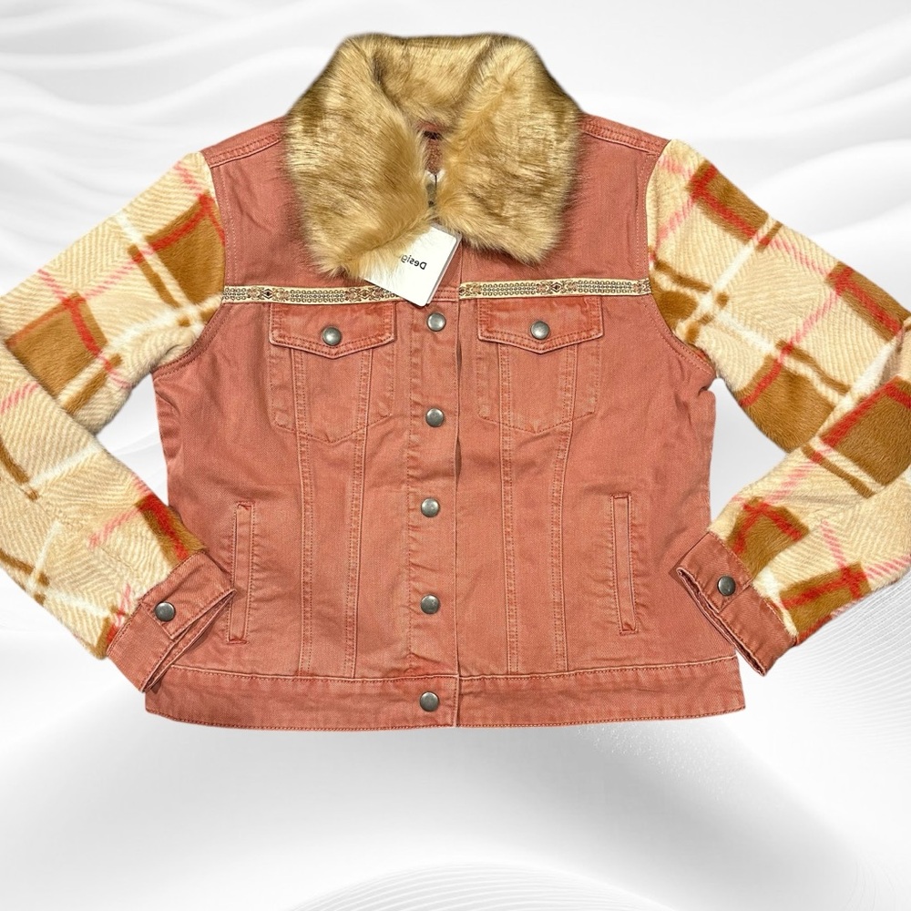 Designal NWT Size US 8‎ Pink/rose Check Faux fur Collar Denim Jacket Boho